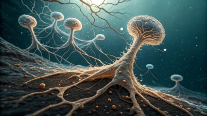 Microscopic slime mold colonizing surface, creating intricate biomechanical network with organic, otherworldly textures and patterns