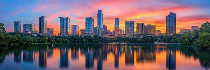 Obraz premium Austin Skyline Sunset Reflection