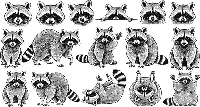 Charming raccoon collection featuring various poses and expressive faces.