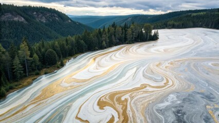Geamana lake's surface reflecting pollution from Rosia Poieni copper mine creating abstract patterns of white, gold, and turquoise