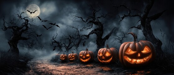 The glowing pumpkins line a spooky path under a full moon.