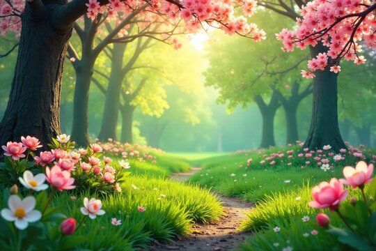 A refreshing spring scene with cooler temperatures; lush green foliage, blooming flowers, and a gentle breeze rustling through the leaves Perfect for depicting a milder spring season , blossom, green