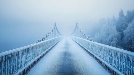 Obraz premium A long- icy bridge stretches into a misty winter morning- with frost-covered railings and a serene- cold atmosphere in a winter landscape