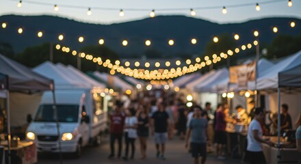 Obraz premium Abstract Nighttime Festival: Softly Blurred Image of a Busy Outdoor Market with Twinkling String Lights and Indistinct Figures of People