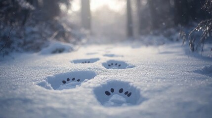 Close-up of fox pawprints leading through a snowy forest- capturing the quiet beauty of fresh animal tracks on untouched snow during a winter day.