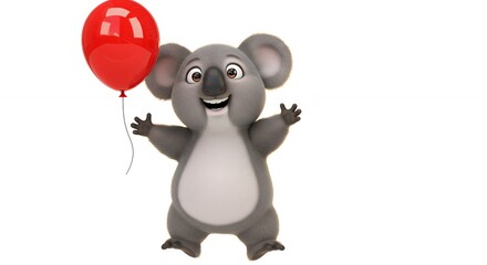 Naklejka premium Cartoon koala holding red balloon