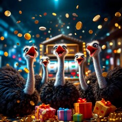 Happy group of Ostrich in casino with flowing golden coins around