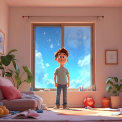 3d cartoon character boy in the living room interior