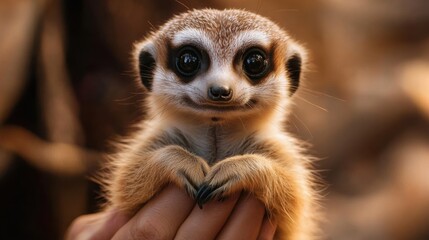 Adorable meerkat being gently held- with wide eyes and a curious expression- capturing the cuteness and innocence of wildlife in a warm and natural setting.