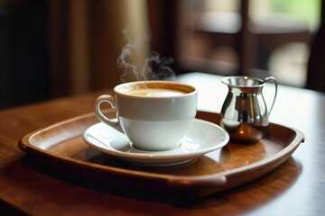 Obraz premium A steaming cup of coffee sits on a polished wooden tray, alongside a small glass of water and a silver sugar bowl, a classic butler service presentation , brown, saucer