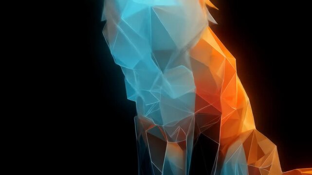 Abstract geometric wolf illustration on a black background. Sharp lines and shapes form a modern, edgy representation of the wild animal in striking contrast.

