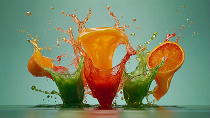 Abstract artistic representation of juice splash forms in mid-air: vibrant liquid shapes of orange, green, and red floating against gradient pastel background. 