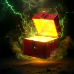 Open shining gift box with fog smoke and lightning