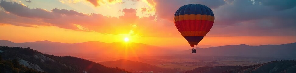 Fototapeta premium A vibrant hot air balloon ascends gracefully against a breathtaking sunrise, casting long shadows across a serene landscape Perfect for travel, adventure, and freedom concepts , flight, golden hour