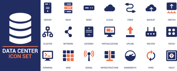 
Data center icon set with server, rack, cloud, fiber, gateway, virtualization, uplink, router, terminal, bandwidth, patch, sync, and vault.


