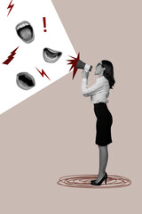 Sketch 3d zine vertical collage of angry girl scream megaphone mouth grimace society problem...