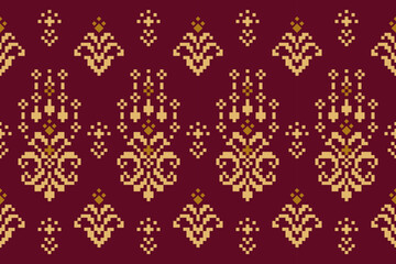 Traditional ethnic pattern in geometric pixel art style with maroon and gold tones. This seamless ethnic pattern evokes oriental textile art, ideal as vector textile design for ethnic fabric, fashion,