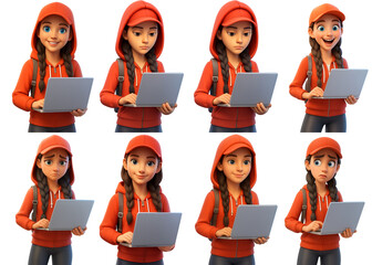 Female 3D Teenager character with laptop and different emotions