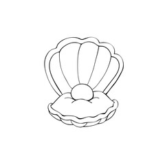 Sketch of shell with pearl icon. Outline hand drawn scallop. Underwater sea or ocean life. Doodle art. Vector illustration.