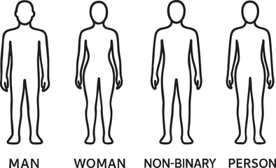 A diverse set of minimalist outline human figures representing different gender identities and body shapes for inclusivity and demographic studies.