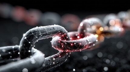 Close-up of a data network chain glowing with digital connections, symbolizing secure technology and blockchain innovation on a black background.