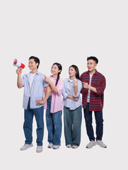 Obraz premium Group announcement: Asian team sharing news pointing with megaphone looking towards the future