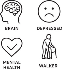 Four icons represent brain, depressed emotion, mental health with a checkmark, and an elderly person using a walker.