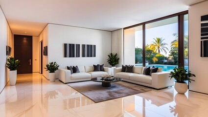 High dynamic range hdr photography showcasing elegant exterior details of modern luxury house with warm interior lights and lush landscaping captured at twilight, living room