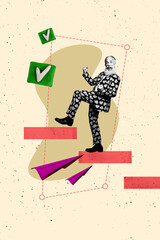 Creative trend artwork design collage sketch of aged man walk stairs success career promotion paper...