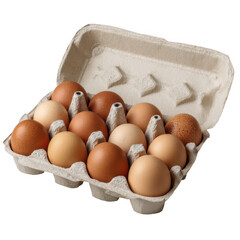 A dozen brown and beige chicken eggs in a cardboard carton isolated on transparent background
