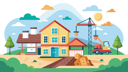 Fototapeta premium Vector art of an illustration presents a house under construction, featuring cranes, a digger, and a sunny sky