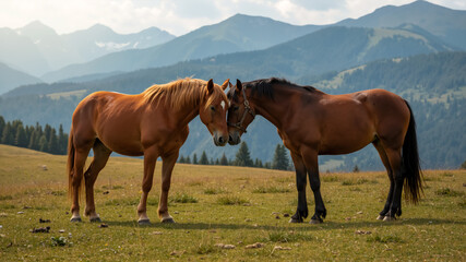 Obraz premium Two chestnut horses grazing in a mountain meadow. Close up of two brown horses nuzzling each other on grassy hillside.