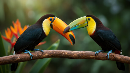 Obraz premium Two toucans playfully touching beaks on a branch in tropical rainforest. Close up of colorful birds interacting.