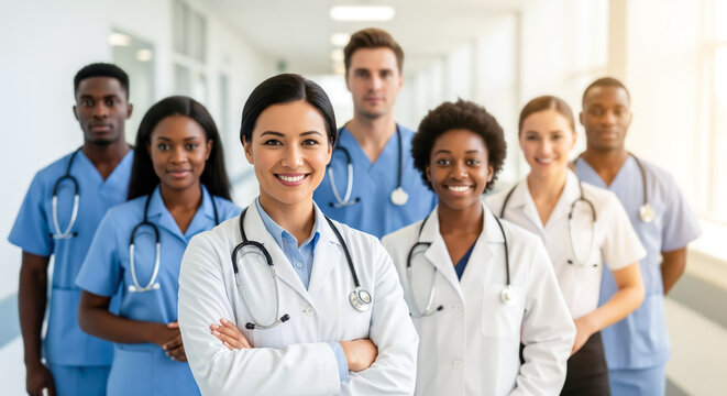 A doctor stands confidently in a hospital corridor, surrounded by a diverse group of staff. The concept of teamwork, inclusivity, and professional collaboration in modern healthcare. Generative AI. - Powered by Adobe
