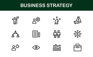 Business Strategy Vector Icons Featuring Planning, Analytics, Finance, Success, and Innovation in Clean, Modern, and Professional Design