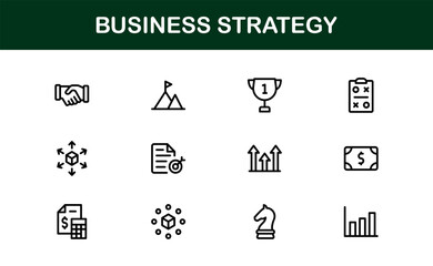 Business Strategy Vector Icons Featuring Planning, Analytics, Finance, Success, and Innovation in Clean, Modern, and Professional Design