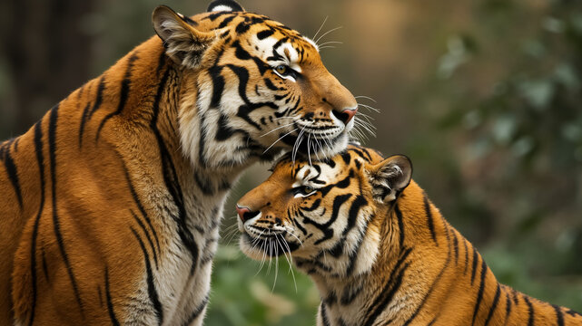 Two tigers touching noses in a jungle setting. Close up of two majestic Bengal tigers interacting in natural habitat. International Tiger Day. - Powered by Adobe