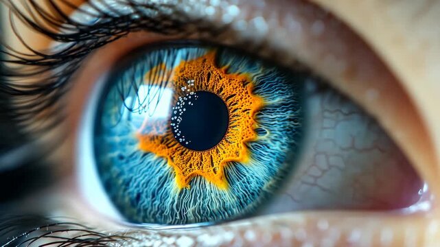 Intricate detail of a human eye with striking blue iris and golden sun-like pattern, captivating