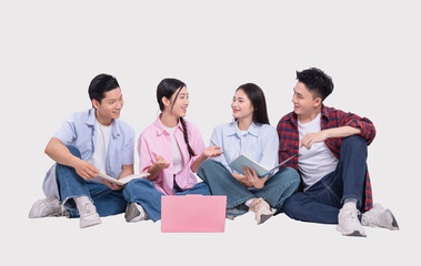 Students collaborate on project Diverse group sharing ideas and books in a light background