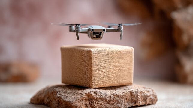 A gray drone hovers over a cube wrapped in burlap resting on natural rocks