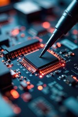 Close-up shot of electronic circuit board undergoing testing with various probes and equipment, revealing intricate components and connections , troubleshooting, workbench