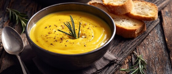 The creamy soup garnished with rosemary and served with rustic bread.