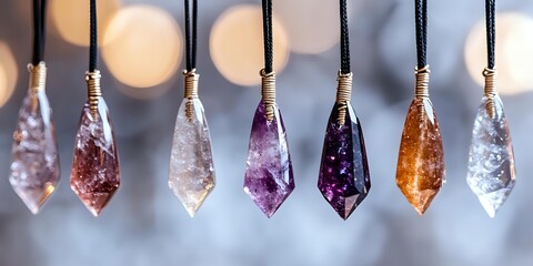 Crystal pendants on black cords against blurred bokeh background, featuring amethyst, citrine, and clear quartz in geometric faceted shapes for jewelry design.