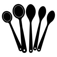 A set of five black spoons arranged in a fan shape