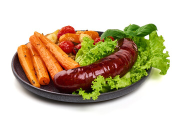 Grilled Sausage with Carrots Tomatoes and Lettuce, isolated on white background