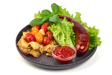 Sausage Plate, Fried Potatoes, Tomato, Lettuce, isolated on white background