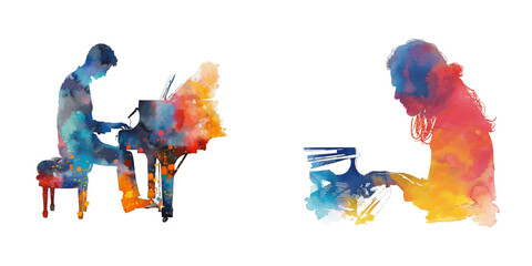 abstract color silhouette of pianist watercolor vector illustration