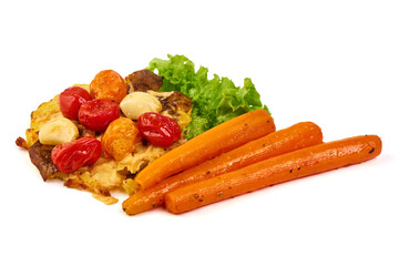 Roasted Carrots with Potatoes, Tomatoes, Lettuce, isolated on white background