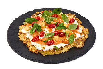 Potato Cake with Salmon, Tomatoes, Basil, isolated on white background