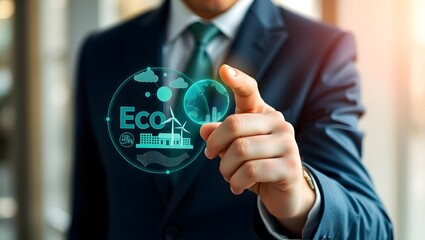 A man in a suit is pointing to a green circle with the word Eco on it